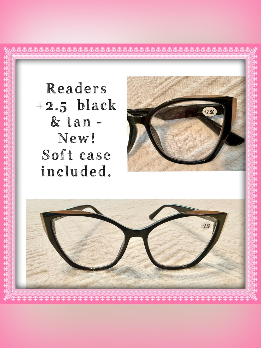 Reading eye glasses +2.5 black & tan. NEW! Soft Case included. Unworn